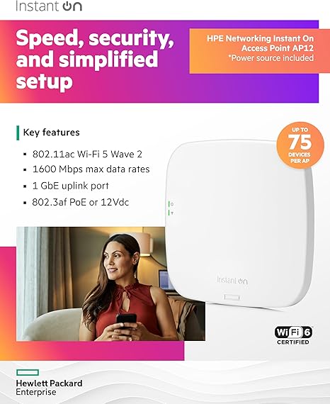 HPE Networking Instant On Access Point AP12 3x3 WiFi 5 Indoor Wireless Access Point | Power Source Included | US Model (R3J23A)