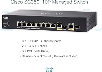 Cisco SG350-10P Managed Switch | 10 Gigabit Ethernet (GbE) Ports | 8 Gigabit Ethernet RJ45 Ports | 2 Gigabit Ethernet Combo SFP | 62W PoE | Limited Lifetime Protection (SG350-10P-K9-NA)