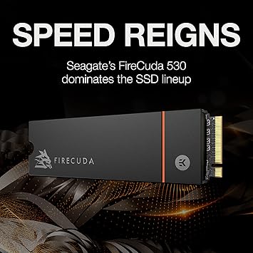 Seagate FireCuda 530 1TB Internal Solid State Drive - M.2 PCIe Gen4 ×4 NVMe 1.4, Transfer speeds up to 7300MB/s, 3D TLC NAND, 1275 TBW, 1.8M MTBF, Heatsink, with Rescue Services (ZP1000GM3A023)