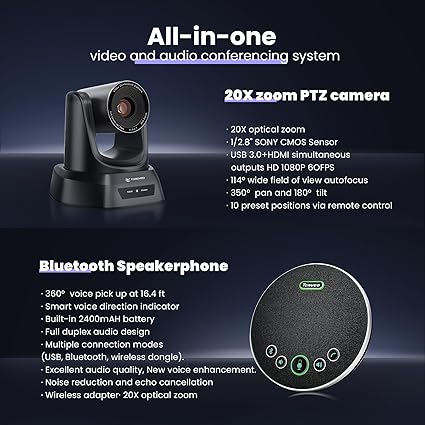 TONGVEO Conference Room HDMI 60fps USB3.0 Camera System with Bluetooth Microphone and Speaker,20X Optical Zoom 1080P PTZ Video Camera with Speakerpho