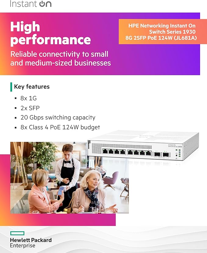 HPE Networking Instant On Switch Series 1930 8-Port Gb Smart-Managed Layer 2+ Ethernet Switch with PoE | 8X 1G | 2X SFP | 8X CL4 PoE 124W | US Cord (JL681A#ABA)