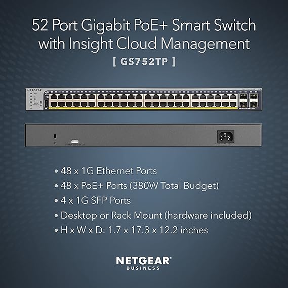 NETGEAR 52-Port Gigabit Ethernet Smart Managed Pro PoE Switch (GS752TP) - with 48 x PoE+ @ 380W, 4 x 1G SFP, Desktop/Rackmount, and ProSAFE Lifetime Protection