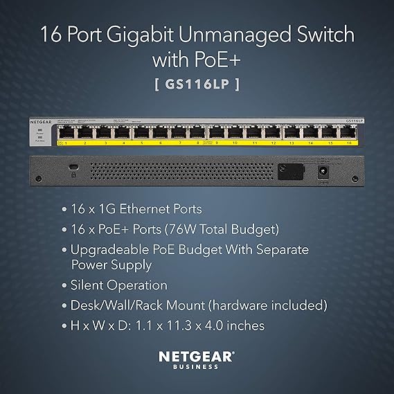 NETGEAR 16-Port Gigabit Ethernet Unmanaged PoE Switch (GS116LP) - with 16 x PoE+ @ 76W Upgradeable, Desktop/Rackmount, and ProSAFE Lifetime Protection