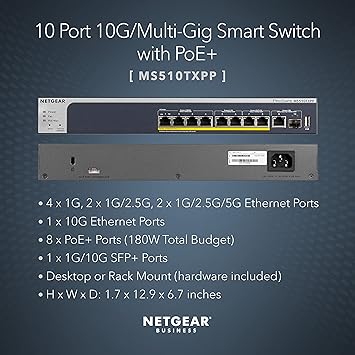 NETGEAR 10-Port Multi-Gigabit/10G Smart Managed Pro PoE Switch (MS510TXPP) - with 8 x PoE+ @ 180W, 1 x 10G SFP+, Desktop/Rackmount, and ProSAFE Lifetime Protection