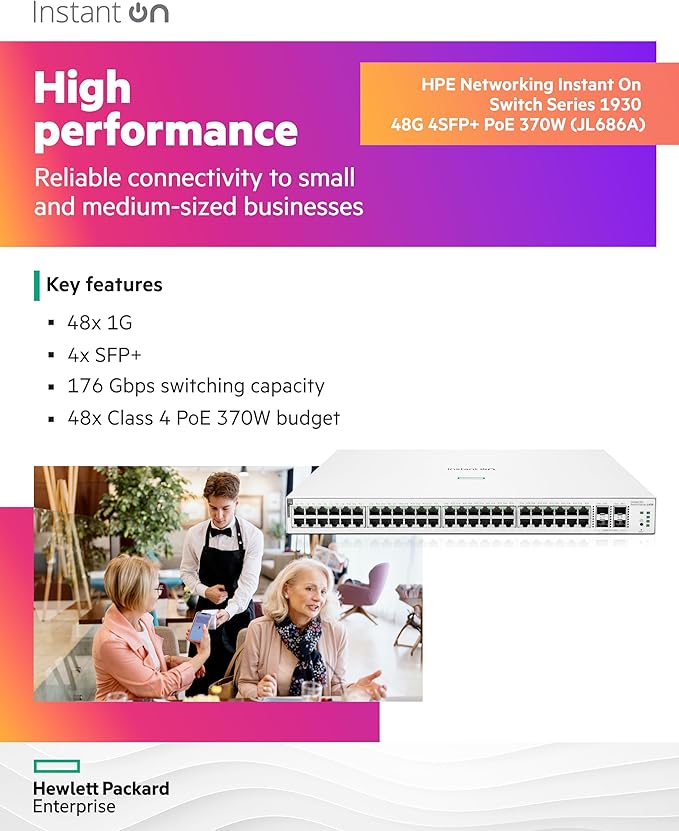 HPE Networking Instant On Switch Series 1930 48-Port Gb Smart-Managed Layer 2+ Ethernet Switch | 48x 1G | 4X SFP+ | 48x CL4 PoE 370W | US Cord (JL686A#ABA)