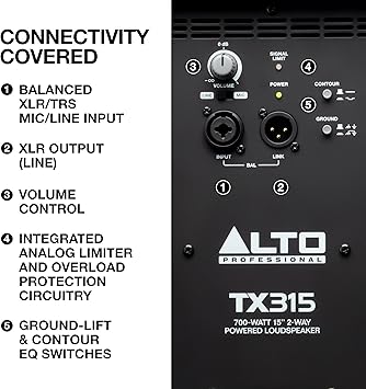 ALTO TX315 - 700W Powered DJ Speakers, PA System with 15" 2 Way, Signal Limiting and Switchable Mic Line Preamp and XLR In/Out