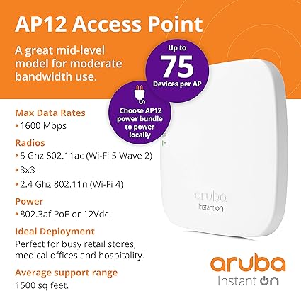 HPE Networking Instant On Access Point AP12 3x3 WiFi 5 Indoor Wireless Access Point | Power Source Included | US Model (R3J23A)
