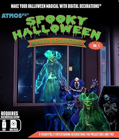 Reaper Brothers Spooky Halloween Digital Decoration Kit Includes 9 AtmosFX Video Effects for Halloween Plus HD Super Bright Projector and 48” x 72” Holographic Projection Screen
