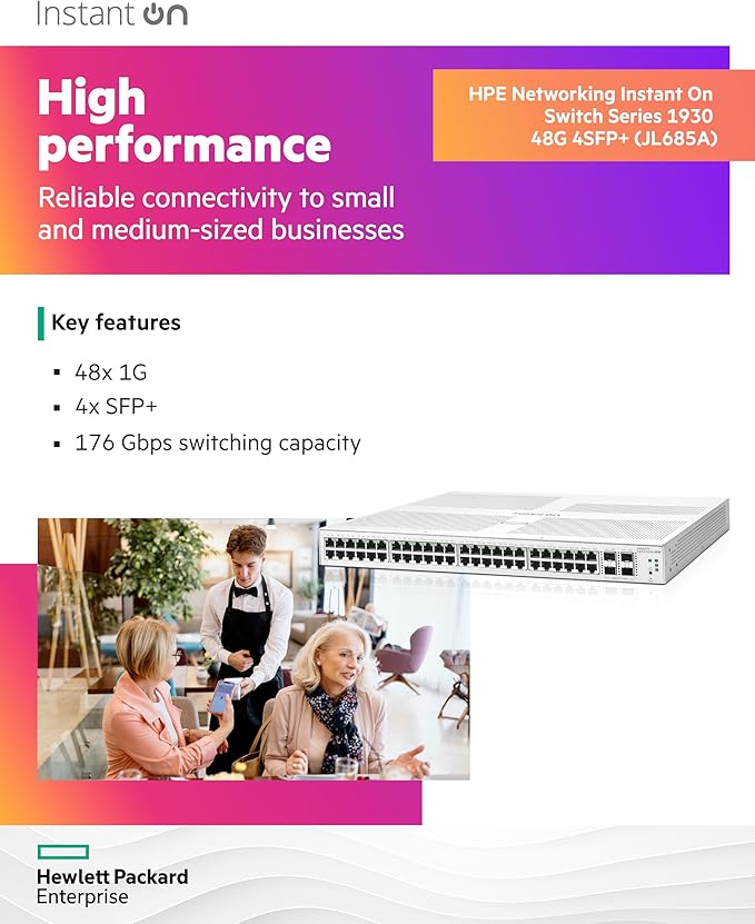 HPE Networking Instant On Switch Series 1930 48-Port Gb Smart-Managed Layer 2+ Ethernet Switch | 48x 1G | 4X SFP+ | US Cord (JL685A#ABA)
