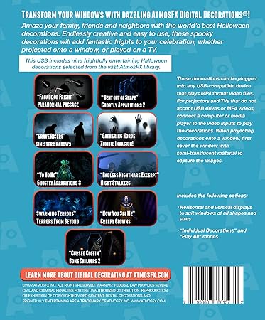 Reaper Brothers Spooky Halloween Digital Decoration Kit Includes 9 AtmosFX Video Effects for Halloween Plus HD Super Bright Projector and 48” x 72” Holographic Projection Screen