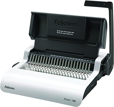 Fellowes Binding Machine for Small Office - Pulsar+ 22-Hole, 300 Sheet Manual Paper Punch Comb Binder Machine with Starter Kit 10 Comb Bindings - Ideal for Office Use - White/Grey