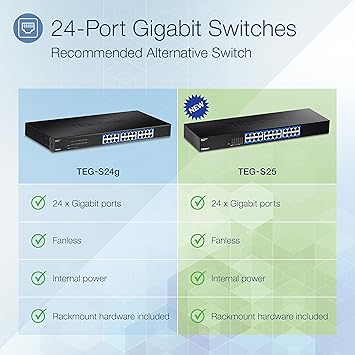 TRENDnet 24-Port Gigabit Switch, TEG-S25, 24 x Gigabit RJ-45 Ports, 48Gbps Switching Capacity, Fanless Design, Metal Enclosure, Internal Power Supply, Lifetime Protection, Black