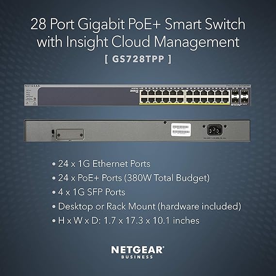NETGEAR 28-Port Gigabit Ethernet Smart Managed Pro PoE Switch (GS728TPP) - with 24 x PoE+ @ 380W, 4 x 1G SFP, Desktop/Rackmount, and ProSAFE Lifetime Protection