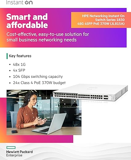 HPE Networking Instant On Switch Series 1830 48-Port Gb Smart-Managed Layer 2 Ethernet Switch with PoE | 48x 1G | 4X SFP | 24x CL4 PoE (370W) | Fan-Less | US Cord (JL815A#ABA)