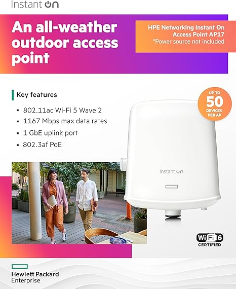 HPE Networking Instant On Access Point AP17 2x2 WiFi 5 Outdoor Wireless Access Point | Power Source Not Included | US Model (R2X10A)