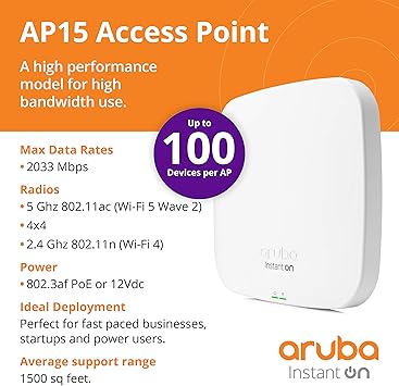 HPE Networking Instant On Access Point AP15 4x4 WiFi 5 Indoor Wireless Access Point | Power Source Not Included | US Model (R2X05A)