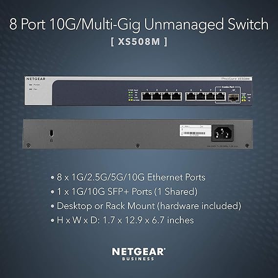 NETGEAR 8-Port 10G Multi-Gigabit Ethernet Unmanaged Switch (XS508M) - with 1 x 10G SFP+, Desktop/Rackmount, and ProSAFE Lifetime Protection