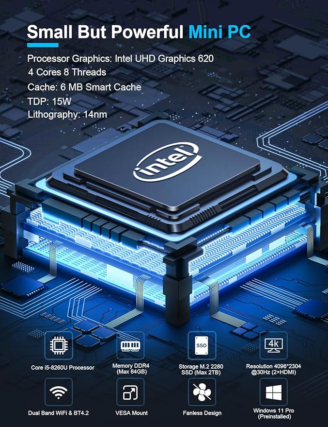 Baieyu Mini Computer 8GB RAM DDR4 128GB SSD Fanless Industrial Mini PC DDR4 Core i5-7300U Mini Desktop Computer Windows 10 Pro 2 HD RS232 COM Fanless PC Industrial PC Dual Band WiFi&BT4.2