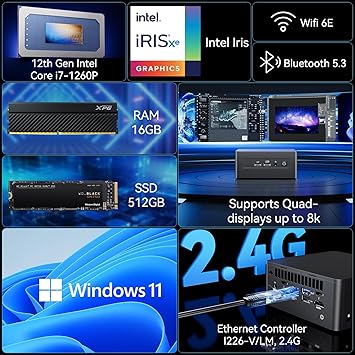 NUC for Intel NUC12 Pro Wall Street Canyon NUC12WSHi7 Mini PC, Core i7-1260P 12-Cores, 16 Threads, 18MB Cache, Upto 4.7GHz Turbo, 16GB RAM, 512GB SSD, Win 11 Pro