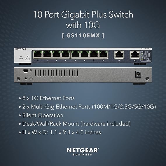 NETGEAR 10-Port Gigabit/10G Ethernet Smart Managed Plus Switch (GS110EMX) - with 2 x 10G/Multi-gig, Desktop/Rackmount, and ProSAFE Lifetime Protection
