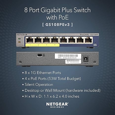 NETGEAR 8-Port PoE Gigabit Ethernet Plus Switch (GS108PEv3) - Managed, with 4 x PoE @ 53W, Desktop or Wall Mount, and Limited Lifetime Protection