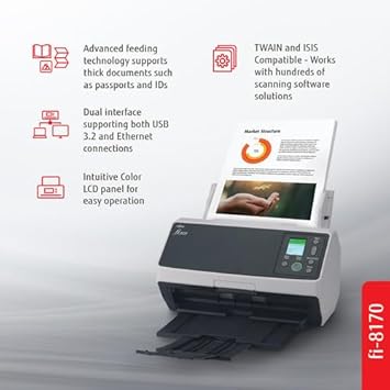 RICOH fi-8170 Professional High Speed Color Duplex Document Scanner (PA03810-B055) + USB Printer Cable + Network Cable + Cleaning Kit