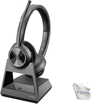 Poly Savi 7320 Wireless Stereo Office Headset System Bundle - Noise-Canceling Microphone, 13 Hour Talk Time, Teams Version, Enhanced Security, Laptop, Mac, Desk Phones Compatible, GTW Microfiber Cloth