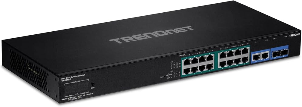 TRENDnet 18-Port Gigabit PoE+ Smart Surveillance Switch with 16 x Gigabit PoE+ Ports, TPE-3018LS, 2 x Shared Gigabit Ports (RJ-45 or SFP), 220W PoE Budget, Long Range PoE+, VLAN, QoS, LACP, ONVIF