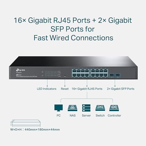 TP-Link JetStream 16-Port Gigabit Smart Switch with 2 SFP Slots (TL-SG2218) - 16 Gigabit RJ45 ports, 2 Gigabit SFP, Desktop/Rackmount, Omada SDN Integrated
