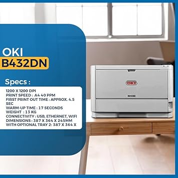 JetSet Label OKI B432dn Monochrome Printer 42ppm OKI Data (62444401) | Includes Software
