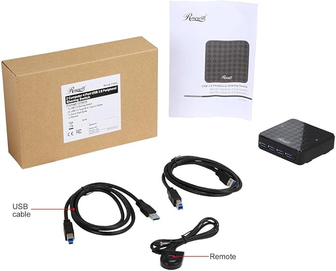 Rosewill USB 3.0 Sharing Switch Box, 4-Port USB 3.0 Hub for 2 Computers, PC Select Controller with 70” Cable, 2 USB 3.0 Cables Included - RCUS-17003