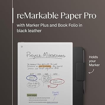 reMarkable Paper Pro Bundle – Premium Leather | Includes 11.8” reMarkable Paper Tablet, Marker Plus Pen with Eraser, and a Book Folio Cover in Black Leather