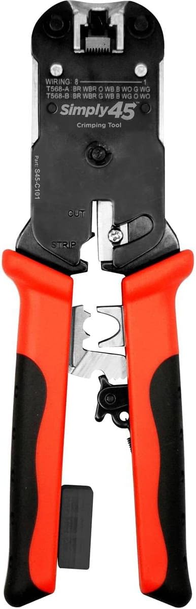 Simply45 ProSeries All-In-One RJ45 Crimp Tool for Pass-Through & Standard WE/SS RJ45 - Includes Tool Lock, Click Socket, Blade Storage, Stripper/Cutter - S45-C101