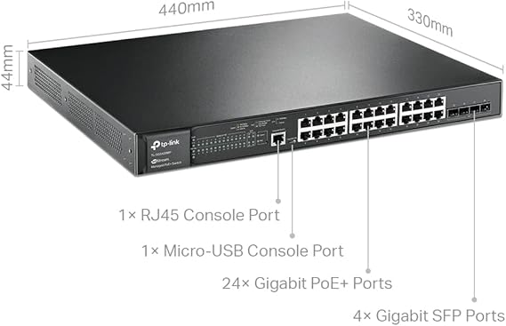 TP-Link JetStream 28-Port Gigabit L2 Managed Switch with 24-Port PoE+ (TL-SG3428MP) - 24× gigabit PoE+ ports @384W, 4× gigabit SFP Slots, Omada SDN Integrated, Limited Lifetime Protection