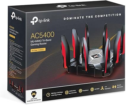 TP-Link AC5400 Tri Band Gaming Router - MU-MIMO, 1.8GHz Quad-Core 64-bit CPU, Game First Priority, Link Aggregation, 16GB Storage, Airtime Fairness, Secured WiFi, Works with Alexa (Archer C5400X)