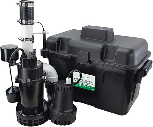 Basement Sentry Battery Backup Sump Pump System Combo (Pre-Assembled) Primary Sump Pump and Battery Back-up Pump, Controller, Alarm System, Charger, Float Switch and Battery Box
