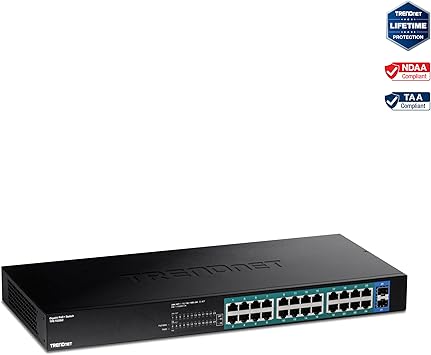 TRENDnet 26-Port Gigabit PoE+ Switch, 24 x 30W PoE+ Ports, 2 Gigabit SFP Slots, 380W PoE Budget, 52Gbps Switching Capacity, 1U 19” Rack Mountable, Lifetime Protection, Black, TPE-TG262