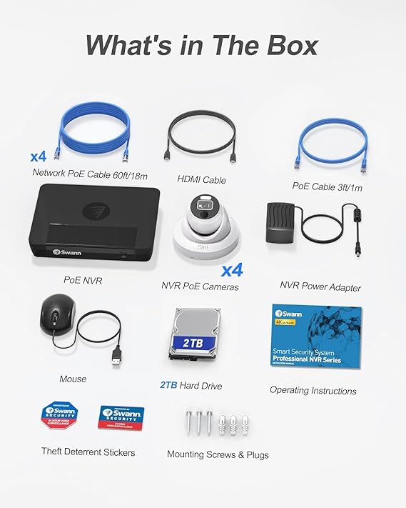 SWANN Pro 4K UHD, 8 Channel Home Security System, 2TB NVR, 4 Dome PoE IP Cameras Outdoor, Wired Surveillance CCTV, Heat Motion Vehicle Detection, LED Light, 24/7 Recording Security Camera, 889804D