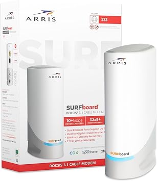 ARRIS (S33) - Cable Modem - Fast DOCSIS 3.1 Multi-Gigabit WiFi for Comcast Xfinity, Cox, Spectrum & More 1 & 2.5 Gbps Ports 2.5 Gbps Max Internet Speeds 4 OFDM Channels 2 Year Warranty