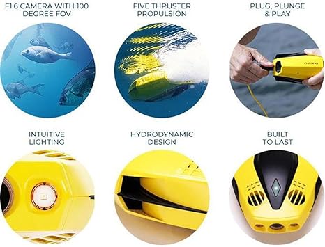 CHASING Dory World's Smallest and Affordable 5-Thruster Palm-Sized Underwater Drone. Camera Provides Photos and Real-time 720P Video, Record 1080 FHD Video, from up to 49 feet Below.