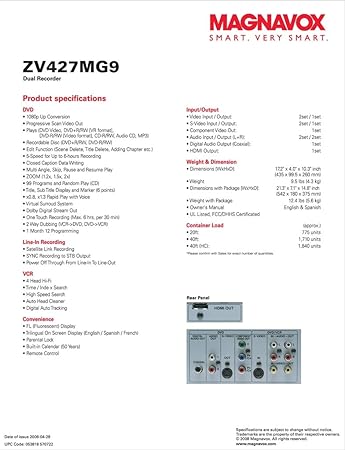 Magnavox ZV427MG9 DVD Recorder/VCR Combo, HDMI 1080p Up-Conversion, No Tuner