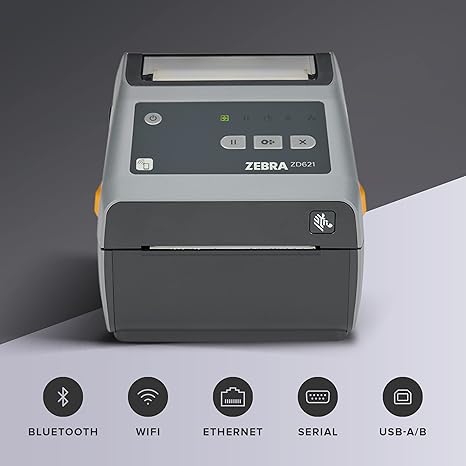 ZEBRA ZD621 Direct Thermal Desktop Printer 203 dpi Print Width 4-inch USB Serial Ethernet 802.11ac Connectivity ZD6A042-D01L01EZ, No Thermal Ribbon Required