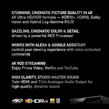 Panasonic Streaming 4K Blu Ray Player with Dolby Vision and HDR10+ Ultra HD Premium Video Playback, Hi-Res Audio, Voice Assist - DP-UB820-K (Black)