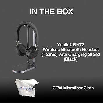 Yealink BH72 Wireless Bluetooth Headset - GTW Bundle of Yealink Wireless Headset (Teams) with Charging Stand (Black) and Global Teck Microfiber Cloth