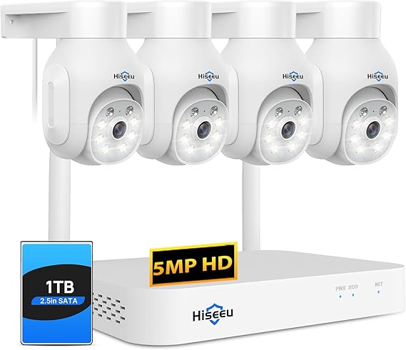 【Dual Wi-Fi,2-Way Audio】 Hiseeu WiFi PTZ Security Camera System,5MP,Expandable 10CH NVR,1TB Hard Drive,12V DC Power Cords,IP66 Waterproof, Motion Alert, Plug&Play,24/7 Motion Record, Auto Track