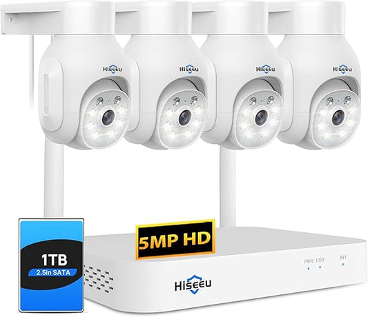 【Dual Wi-Fi,2-Way Audio】 Hiseeu WiFi PTZ Security Camera System,5MP,Expandable 10CH NVR,1TB Hard Drive,12V DC Power Cords,IP66 Waterproof, Motion Alert, Plug&Play,24/7 Motion Record, Auto Track