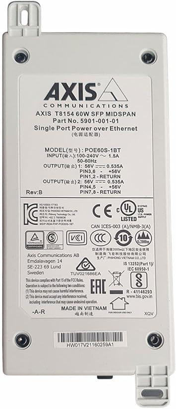 Axis Communications 5901-004 T8154 60W SFP Midspan Media Converter