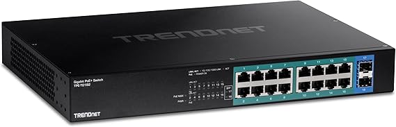 TRENDnet 18-Port Gigabit PoE+ Switch, 16 x 30W PoE+ Ports, 2 Gigabit SFP Slots, 240W PoE Budget, 36Gbps Switching Capacity, 1U 19” Rack Mountable, Lifetime Protection, Black, TPE-TG182