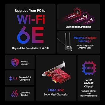 TP-Link WiFi 6E AX5400 PCIe WiFi Card (Archer TXE75E) - Tri-Band Wireless Adapter with Bluetooth 5.2, WPA3, MU-MIMO, OFDMA, Heat Sink, Low-Profile Bracket, Supports Windows 10(64bit), 11