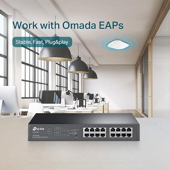 TP-Link 16-Port Gigabit Rackmount Easy Smart Web-Managed PoE Plus Switch, 8-Port, 802.11at, 150W, PoE Auto Recovery, black (TL-SG1016PE)